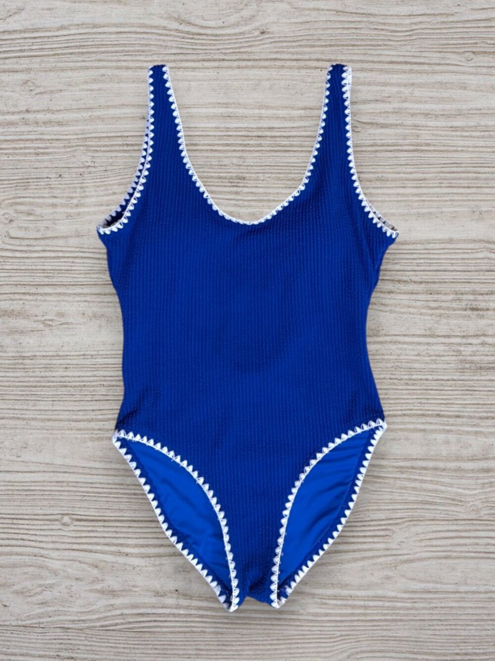 Betsey Johnson Blue Textured One Piece Swimsuit White Crochet Trim Size S